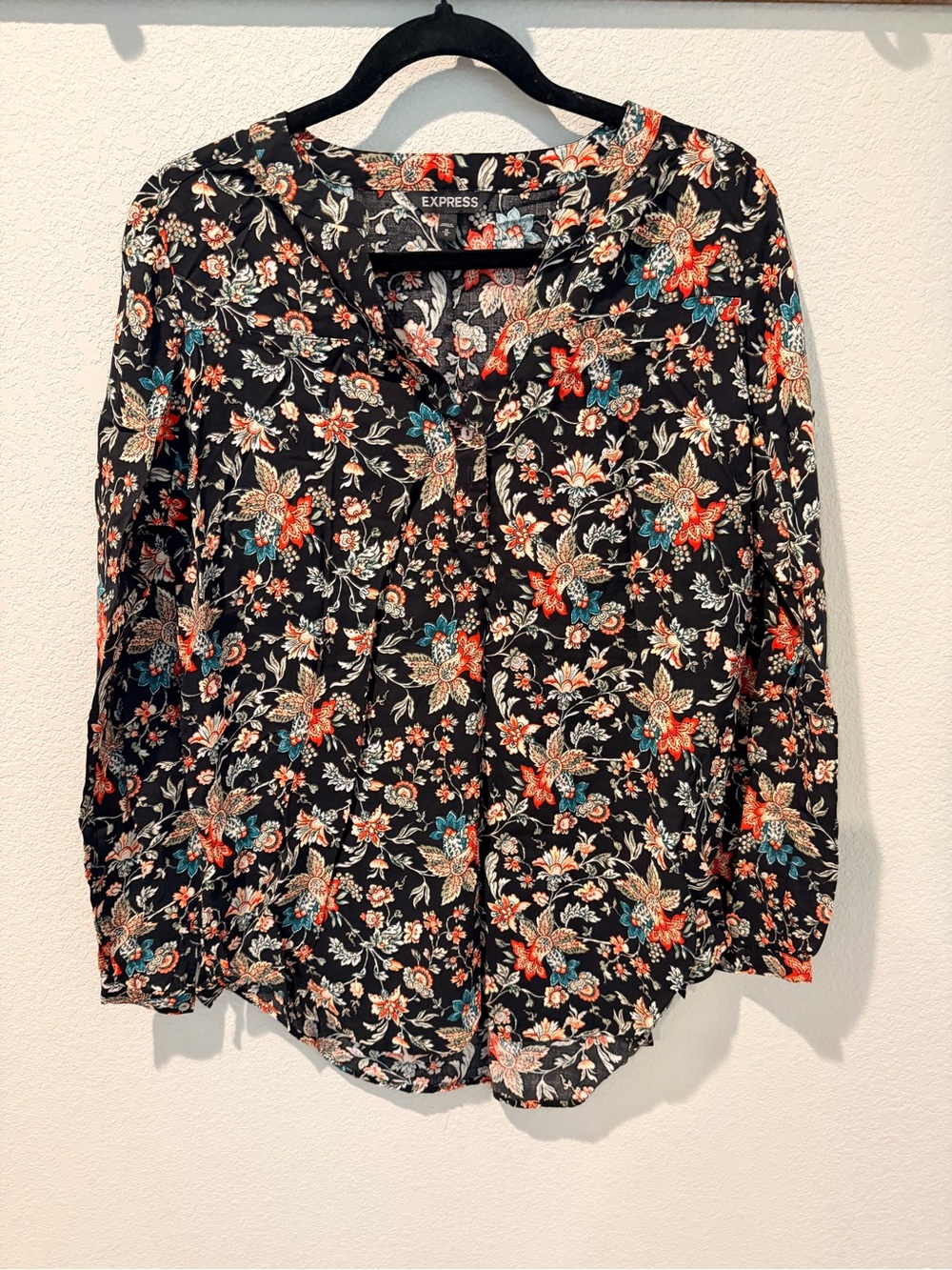 Express Black Floral Button-Up Blouse with Teal & Orange Blooms